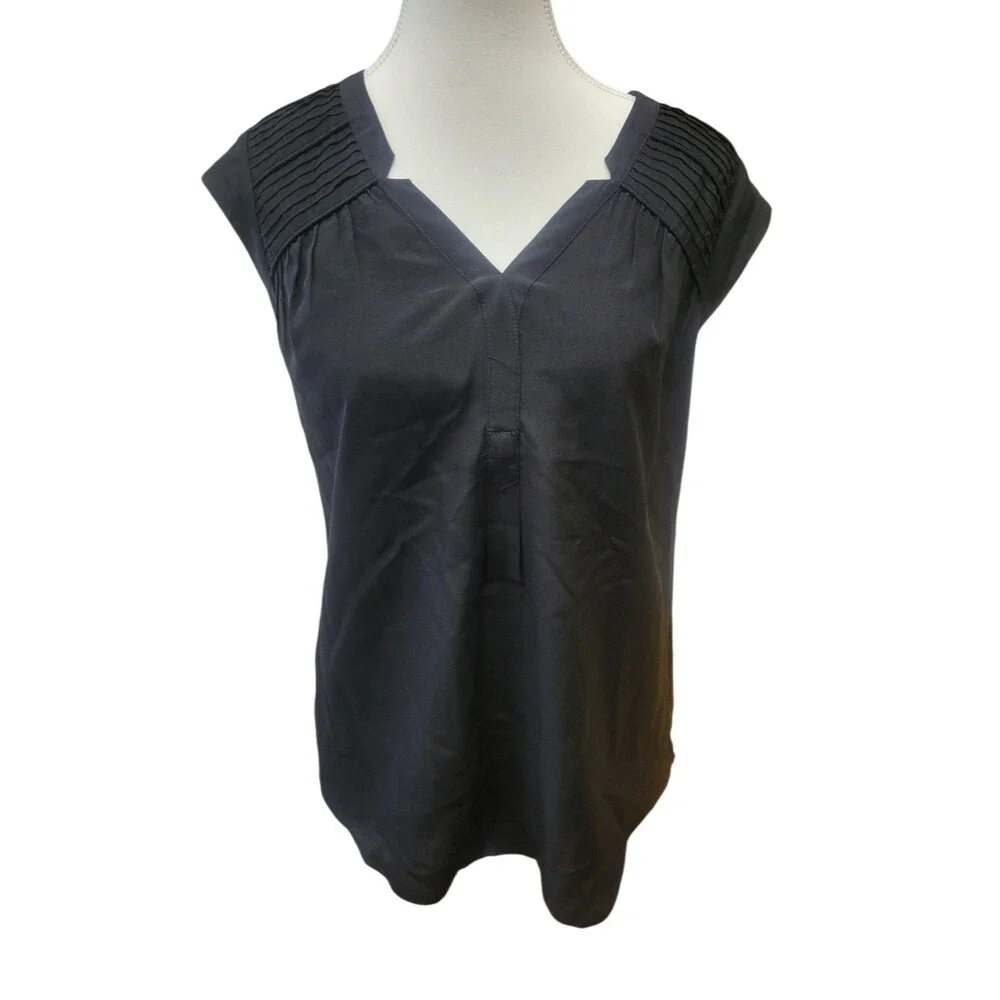 Daniel Rainn Black Solid 100% Silk V-Neck Pleated Cap Sleeve Blouse XS